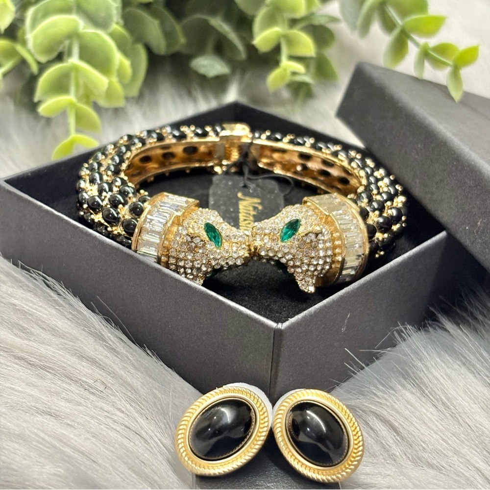 Gold & Black Panther Hinge Bracelet & Matching Earrings Set